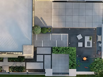 Modern Courtyard Garden Design With Stone Tiles Lush Green Plants Outdoor Seating And Fire Pit 3d model