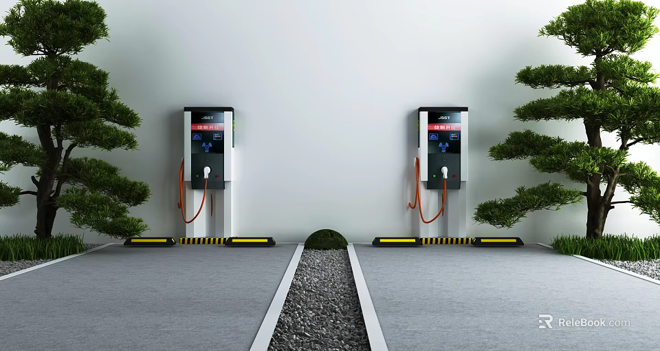 Outdoor Electric Vehicle Charging Stations With Two Units Green Trees Gray Ground White Walls 3d model 