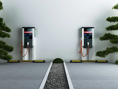 Outdoor Electric Vehicle Charging Stations With Two Units Green Trees Gray Ground White Walls 3d model