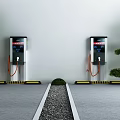 Outdoor Electric Vehicle Charging Stations With Two Units Green Trees Gray Ground White Walls