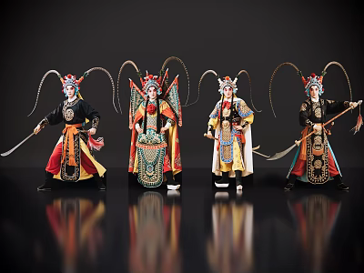 Male Characters in Traditional Chinese Opera Costumes with Weapons and Ornate Headpieces 3d model