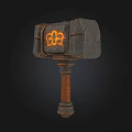 Double Sided Stone Hammer Weapon With Glowing Orange Runes And Wooden Handle