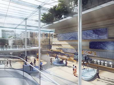 Modern Indoor Atrium With Glass Roof Natural Light Wooden Walls Large Screens People And Greenery 3d model