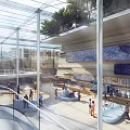 Modern Indoor Atrium With Glass Roof Natural Light Wooden Walls Large Screens People And Greenery