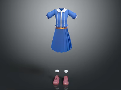 Blue Dress With White Collar Cuffs Brown Belt Pleated Skirt And Pink Shoes 3d model