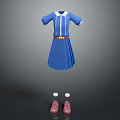Blue Dress With White Collar Cuffs Brown Belt Pleated Skirt And Pink Shoes