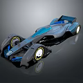 Futuristic Race Car With Sleek Design Blue Accents Large Wheels And Rear Wing