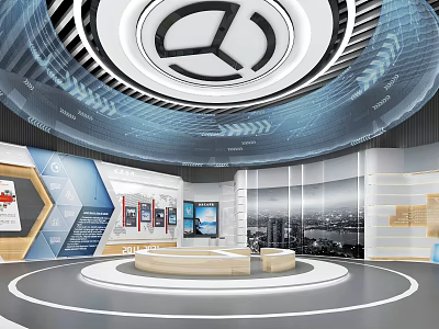 Modern Exhibition Hall With Circular Platform Digital Screens And City Backdrop Graphics 3d model