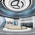 Modern Exhibition Hall With Circular Platform Digital Screens And City Backdrop Graphics