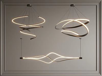 Modern Illuminated Chandeliers With Curved Lines On Framed Grey Wall 3d model