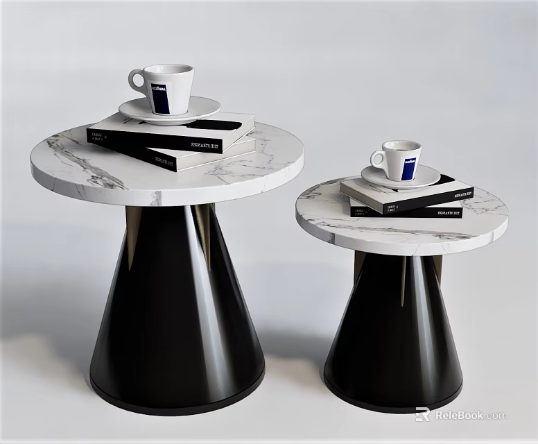 Modern Side Tables With Marble Tops And Black Cone Shaped Bases 3d model