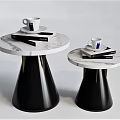 Modern Side Tables With Marble Tops And Black Cone Shaped Bases 3d model
