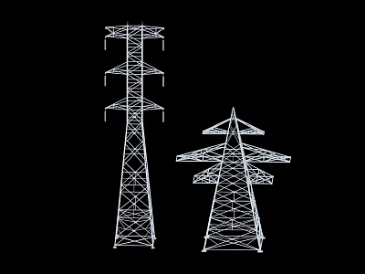 Two Electricity Pylons Line Drawing On Black Background With Metal Structure 3d model