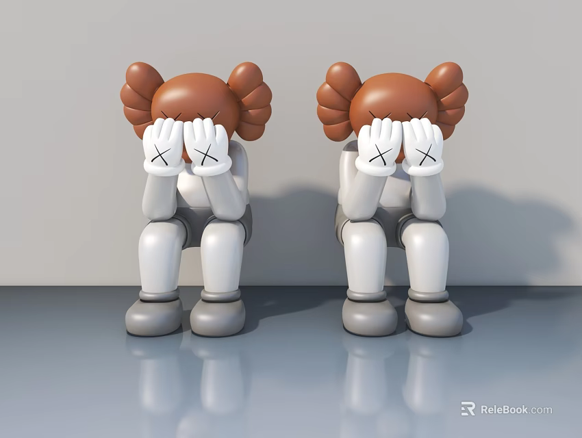 Two Brown Haired Dolls Covering Faces With XX Symbols By Gray Swing Door Surface 3d model 