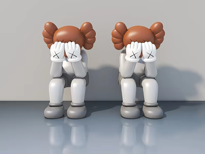 Two Brown Haired Dolls Covering Faces With XX Symbols By Gray Swing Door Surface 3d model