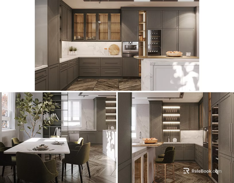 Elegant Modern Kitchen Interior With Gray Cabinets Wooden Island And White Countertop 3d model 