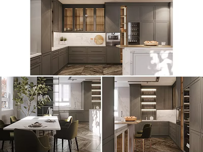 Elegant Modern Kitchen Interior With Gray Cabinets Wooden Island And White Countertop 3d model