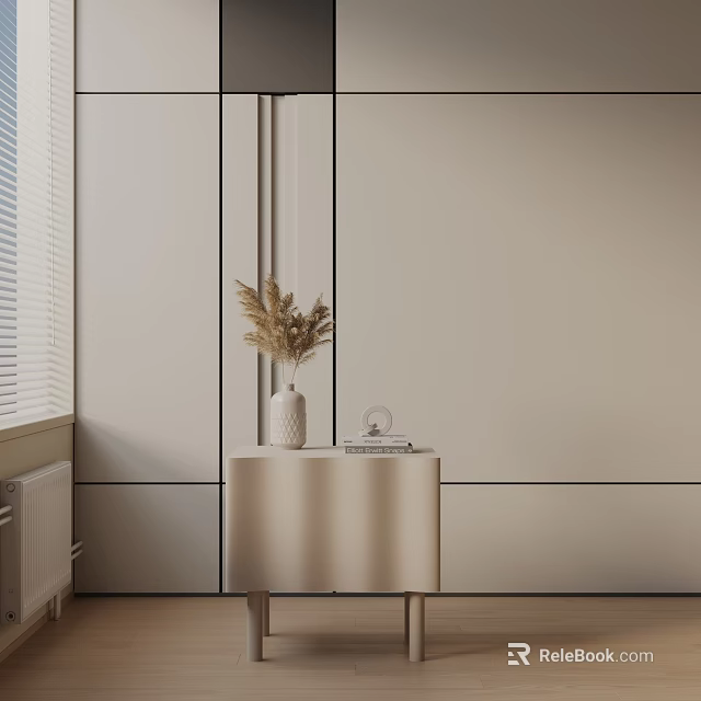 Minimalist Beige Side Table Interior Design With Vase Dried Plants And Window Wall 3d model 