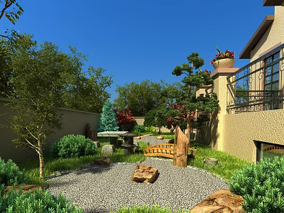 Tranquil Garden Landscape With Stone Path Wooden Bench Rockery Stones And Lush Greenery 3d model