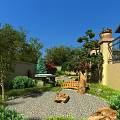 Tranquil Garden Landscape With Stone Path Wooden Bench Rockery Stones And Lush Greenery