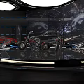 Modern Auto Showroom Display With Red Black Cars And Motorcycle On Circular Platform