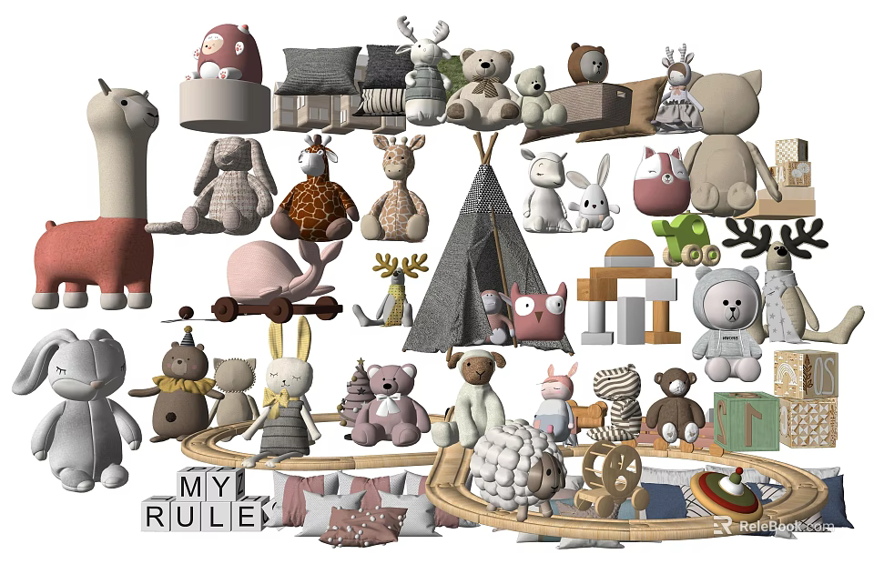 Stuffed Toys Various Animal Shapes And Colorful Designs With Play Tent And Wooden Blocks 3d model 