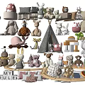 Stuffed Toys Various Animal Shapes And Colorful Designs With Play Tent And Wooden Blocks