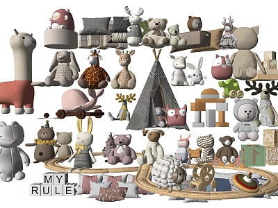 Stuffed Toys Various Animal Shapes And Colorful Designs With Play Tent And Wooden Blocks 3d model