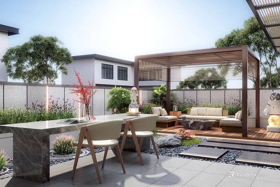 Courtyard Garden With Pergola Covered Seating Sofa Coffee Table Marble Bar Wooden Chairs Green Plants 3d model 
