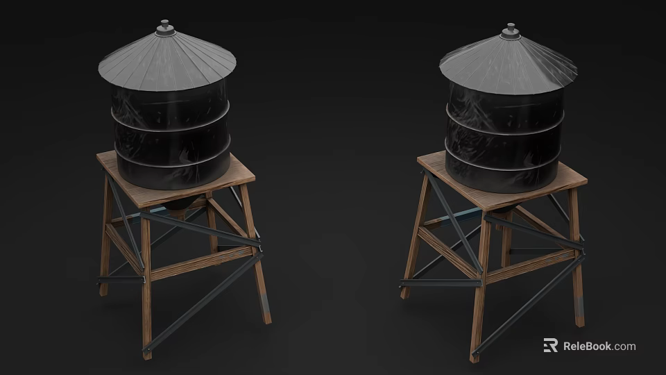 Industrial Equipment Black Cylindrical Storage Tanks On Wooden Metal Stands With Conical Tops 3d model 