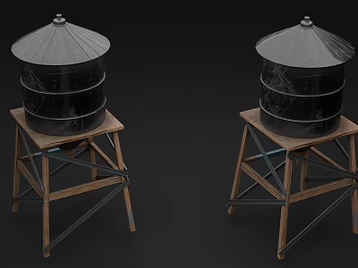 Industrial Equipment Black Cylindrical Storage Tanks On Wooden Metal Stands With Conical Tops 3d model
