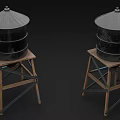 Industrial Equipment Black Cylindrical Storage Tanks On Wooden Metal Stands With Conical Tops