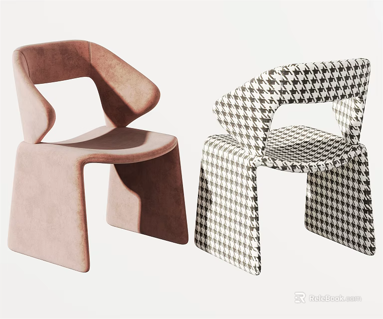 Stylish Contemporary Leisure Chairs With Pink Velvet And Black White Houndstooth Upholstery 3d model 