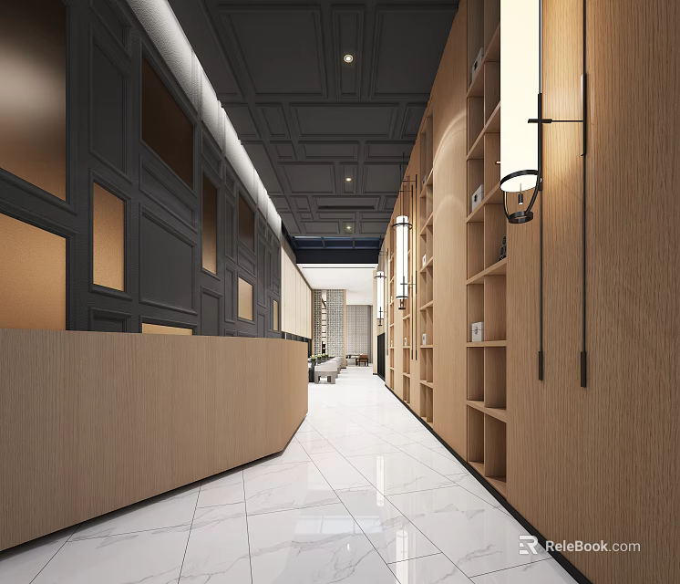 Modern Lounge Area With Dark Ceiling Wooden Bookshelves And White Tiled Floor 3d model 
