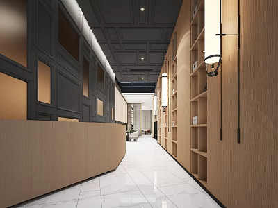 Modern Lounge Area With Dark Ceiling Wooden Bookshelves And White Tiled Floor 3d model
