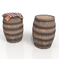 Two Rustic Wooden Barrels As Household Items With Striped Cloth Cover
