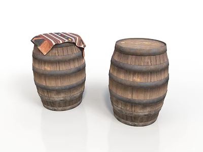 Two Rustic Wooden Barrels As Household Items With Striped Cloth Cover 3d model