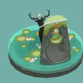 Black Deer With Antlers Wearing White Collar Standing On Water With Lotus Flowers