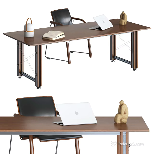 Modern Wooden Office Desk With Laptop Notebook Decorative Sculpture And Metal Frame Chair 3d model 