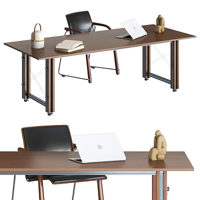 Modern Wooden Office Desk With Laptop Notebook Decorative Sculpture And Metal Frame Chair 3d model