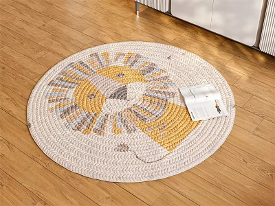 Cozy Round Rug With Lion Pattern Yellow And Neutral Woven Design On Wooden Floor 3d model
