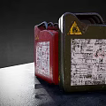 Green And Red Worn Fuel Cans With Warning Symbols And Labels