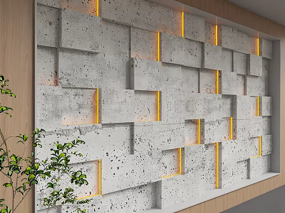 3D Concrete Block Feature Wall With Geometric Design Yellow Light Strips And Green Plants Decor 3d model