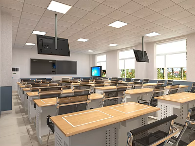 School Modern Classroom Interior With Rows Of Desks Smart Boards And Windows 3d model