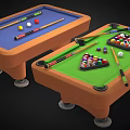 Two Colorful Billiard Tables With Pool Cues Balls On Green And Blue Felt Table Surfaces