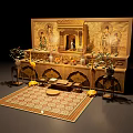 Ancient Architectural Shrine Interior Featuring Wooden Carvings Buddha Statue Altar Table And Traditional Carpet