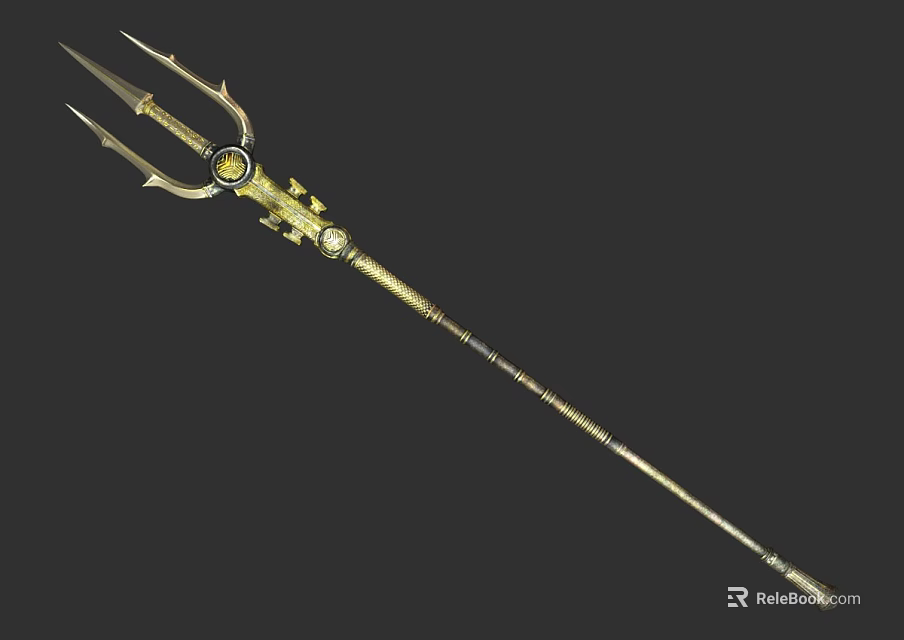 Golden Trident Weapon With Decorative Gems Intricate Patterns And Long Handle Design 3d model 