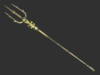 Golden Trident Weapon With Decorative Gems Intricate Patterns And Long Handle Design 3d model