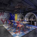 Stylish Restaurant Interior With Colorful Chairs Arched Structures Gear Decor And Bar Counter