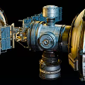 Space Station Module With Golden Exterior And Solar Panels Orbiting Earth